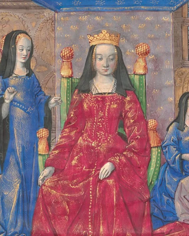 This week #Take5 delves into the world of fashion. In the medieval period clothing was, among other things, a marker of social hierarchy. Every element from the choice of fabric to the colour & cut sent a message about the wearer’s status, occupation & even moral character. Here are 5 sartorial indicators that you were a wealthy medieval elite.

1. The colour red. Red garments carried a high prestige because of the high cost of the dye used to create them. The best dye was made from the dried kermes insect which gave a rich, crimson colour with good colour fastness. It was worn by royalty, the clergy & high nobility. (Image: Anne of Brittany, Getty Museum, Ms. 121 (2021.7), fol. 55).

2. Velvet. Velvet was initially imported from the east but Italy soon became a renowned centre of production. Requiring special looms & a complicated process, it was one of the most difficult & costly fabrics to make so only royalty could afford it to begin with. (Image: Velvet fragment made in 13th/14th century Iran. © Metropolitan Museum).

3. An elaborate headdress. Think towering hats with silky, translucent veils & precious metal & gemstone embellishments. Not only did the materials used highlight the wealth of the wearer, but the sheer impractical nature of such headgear clearly showed that you were not about to go plough a field. (Image: Christine de Pizan presents a book to Isabeau of Bavaria, British Library Public Domain via Wikimedia Commons).

4. Skimpy garments. An English law of 1463 said short gowns that revealed the buttocks (pictured) were restricted to men of the upper classes. Any man below the status of lord, squire or gentleman was required to keep their private members and buttocks hidden beneath longer gowns. (image: J. Paul Getty Museum, MS. 68, FOL. 25).

5.	Gold threads. Cloth of Gold was the most expensive fabric of the medieval era, costly in both time & materials. To make it, thin strips of beaten gold were wound tightly round a central core of thread, usually silk, then woven into what was actually a stiff & heavy fabric that was impractical as well as expensive. (Image: Richard II in Cloth of Gold, from the Wilton Diptych, Public Domain).