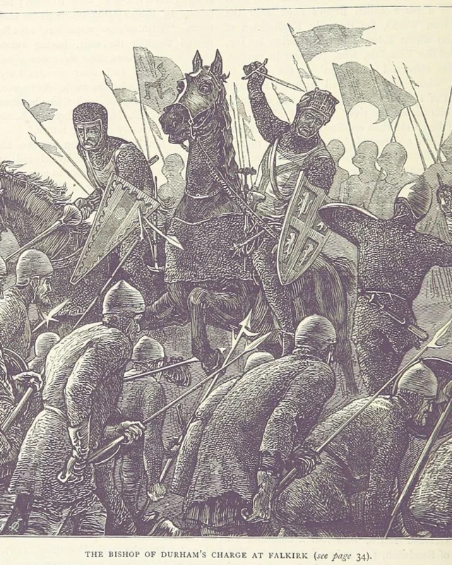 The Battle of Falkirk took place #OnThis Day in 1298. One of the major battles of the First War of Scottish Independence, the English army of Edward I defeated Scottish forces led by William Wallace. The image shows the Bishop of Durham's Charge at Falkirk from British Battles on Land and Sea, Vol. I, by James Grant (Print Collector/Getty).