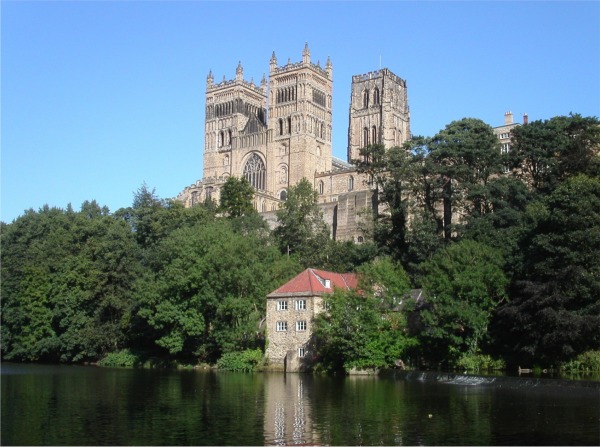 Durham Cathedral viewed from the River Wear on a sunny day.