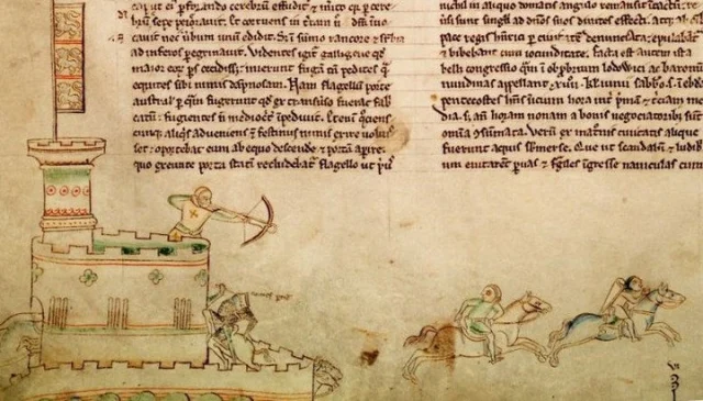 The Second Battle of Lincoln took place #OnThisDay in 1217, during the First Baron's War. The spree of looting that followed became known as the "Lincoln Fair". 13th century depiction of the battle by Matthew Paris (Parker Library, Corpus Christi College Cambridge, folio 51v (55v)).