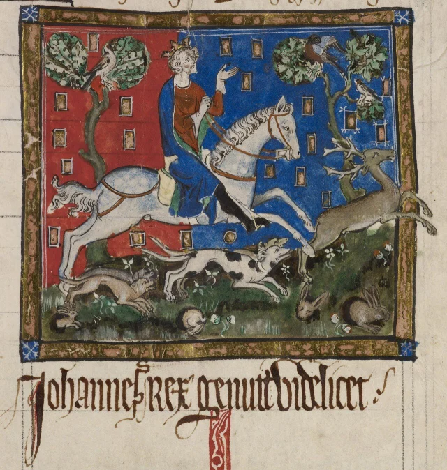 The reign of John begins #OnThisDay in 1199. Pictured is a miniature of King John hunting a stag with hounds. (Image: British Library, Cotton MS Claudius D II).