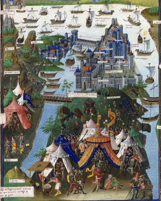 The Siege of Constantinople took place #OnThisDay in 1453. This illustration of the siege by Fr Jean Le Tavernier accompanies a translation by Jean Miélot of Bertrandon de la Broquière's Voyage d'Outre-Mer (Image: Bibliothèque Nationale de France, MSS fr. 9087, at folio 207 vv).