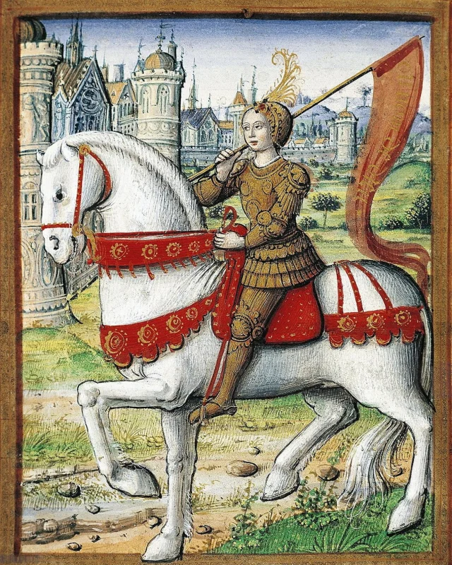 The trial and execution of Joan of Arc took place #OnThisDay in 1431. Here is a miniature depicting Jeanne d'Arc from "Les vies des femmes célèbres" by Antoine Dufour (Image: Musée Dobrée ms. 17, folio 76 verso).