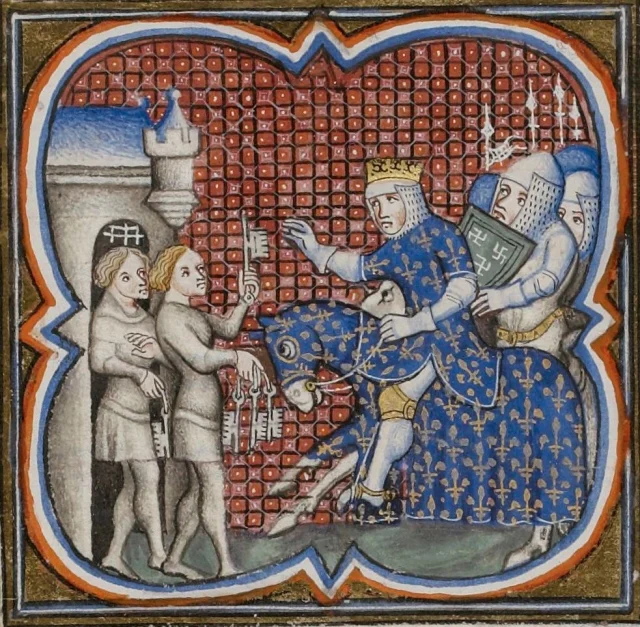 #OnThisDay in 1216 Louis 'the Lion' of France was proclaimed King of England by rebellious barons, who had seized half the kingdom from King John before his death. Miniature depicting Louis at the siege of Avignon (Image: Bibliothèque Nationale de France, MS M.536 fol. 228r ).