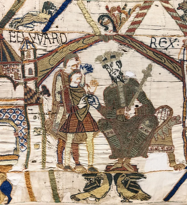 The reign of Edward the Confessor begins #OnThisDay in 1042. He is depicted here, enthroned, on the opening scene of the Bayeux Tapestry. The term 'Confessor' reflects his reputation as a saint who didn't suffer martyrdom (Image: Myrabella via Wiki Commons CC-BY).