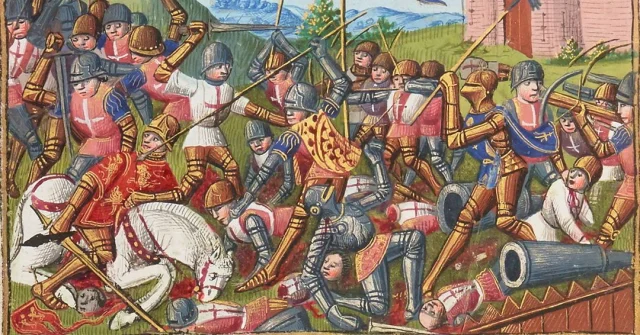 The Battle of Castillon took place #OnThisDay in 1453. This battle ended the Hundred Years War, with France victorious. Pictured is the death of John Talbot, the English commander, in an illumination from the manuscript by Martial d'Auvergne "The Vigils of Charles VII". (Image: Bibliothèque National de France, Manuscrit Français 5054, enluminure du folio 229).