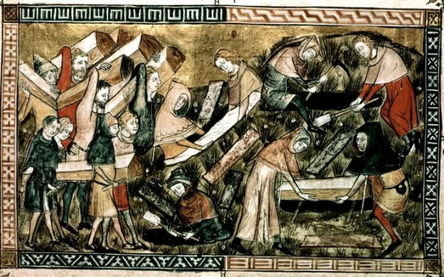 The Black Death arrives in England #OnThisDay in 1348 (although it was probably much earlier). This is one of the earliest known images of the plague. Drawn in 1349, during the time of the Black Death, it shows people carrying coffins of those who died of the illness in Tournai, a city in what is now Belgium. (Image: UIG Via Getty Images).