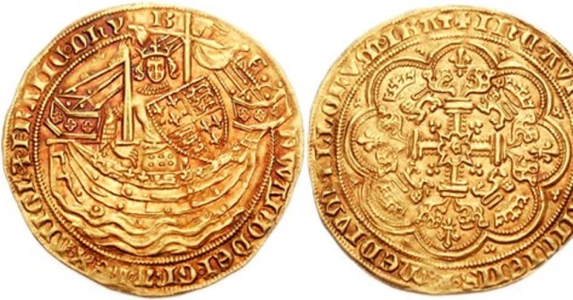 The Battle of Sluys also took place #OnThisDay in 1340. The battle was one of the opening engagements of the Hundred Years War and a win for England. This gold noble from 1354 depicts Edward III seated in a ship in commemoration of the battle. (Image: Classical Numismatic Group, Inc CC BY SA 3.0).