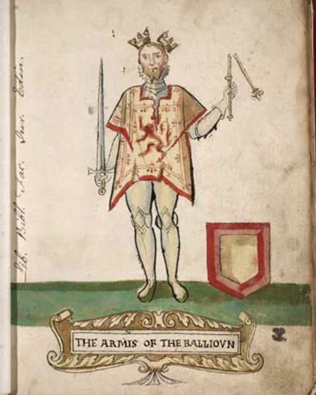 John Balliol abdicates the Scottish throne #OnThisDay in 1356. Pictured is a mid-16th century medieval manuscript illustration showing John Balliol with broken crown and sceptre. (Image: National Library of Scotland, Edinburgh).