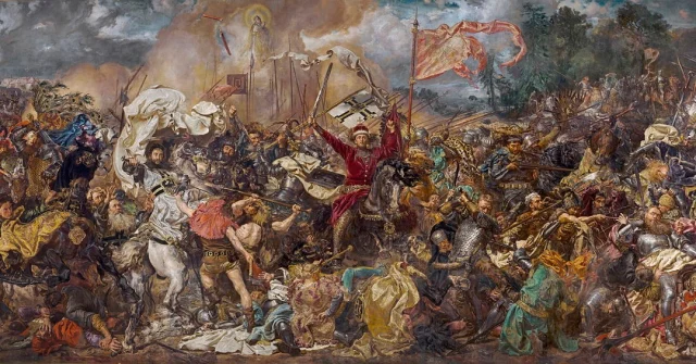 The Battle of Grunwald took place #OnThisDay in 1410, as depicted in this painting by Jan Matejko. The Battle was a victory for the Polish and Lithuanian forces over the Teutonic Order (Image: National Museum Warsaw).